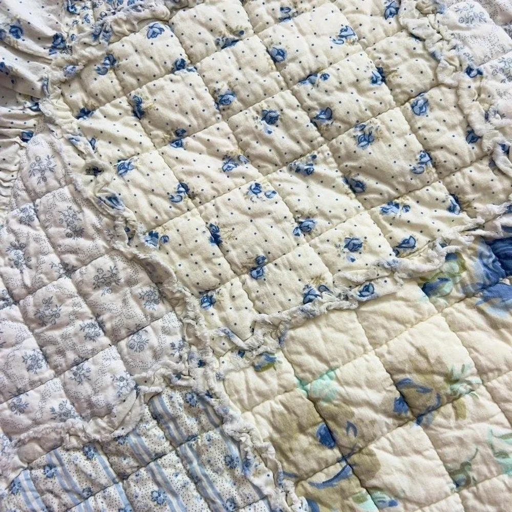Patchwork Quilted Floral Pillowcase Ruffle Edges Whimsy Cottagecore